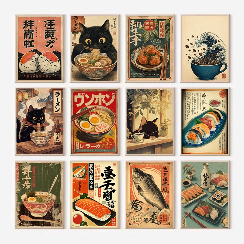 Japanese Lifestyle Food - Lukisan Kanvas Poster Makanan Kucing Vintage